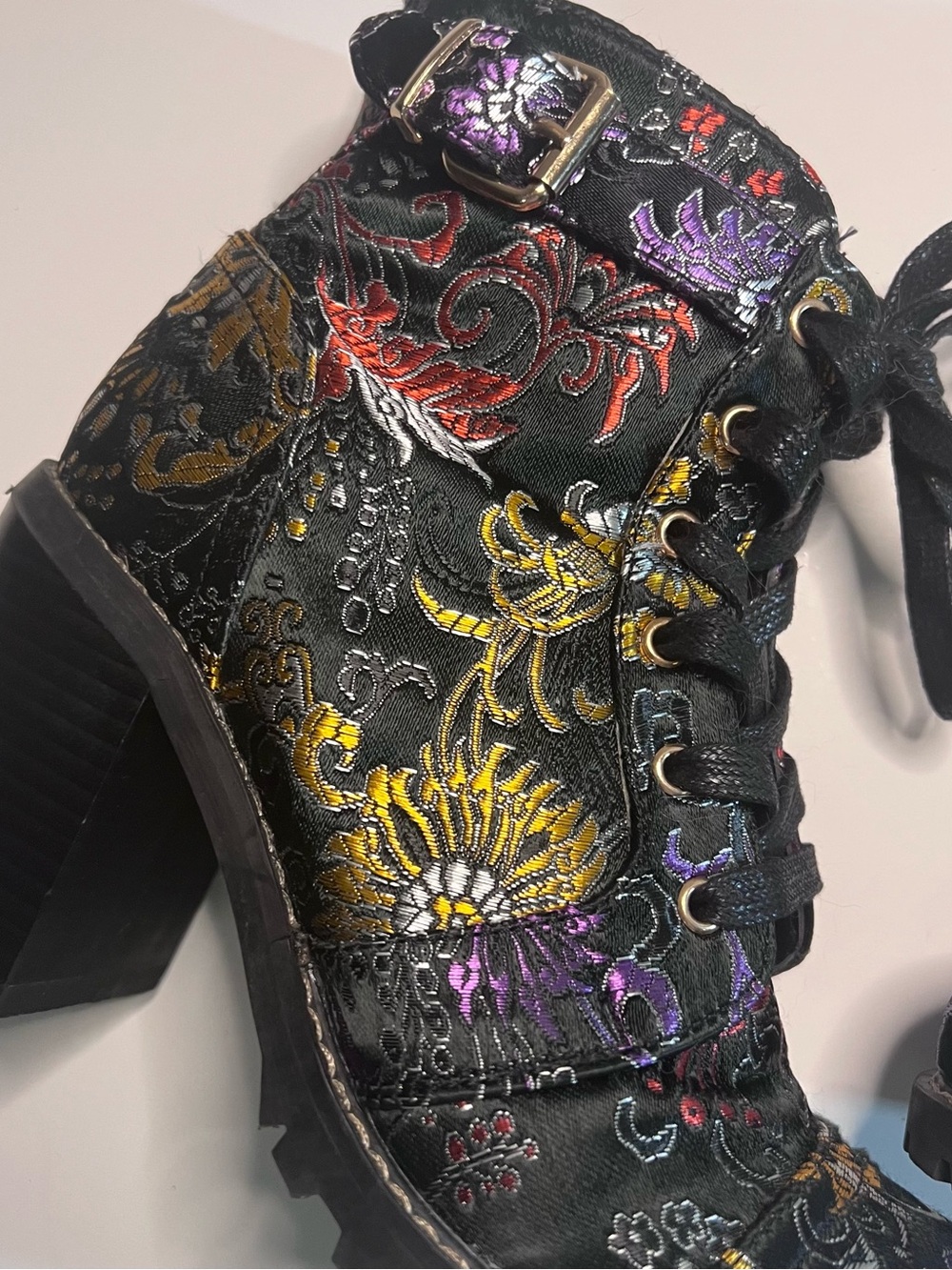 Diba Black Lace-Up Embroidered Floral Block Heel Ankle Boots